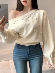 DAZY Beaded & Pearl Decor Oblique Shoulder Crop Tight Fit Long Sleeve Elegant Knit Sweater For Women, Autumn/Winter - Apricot - View 4