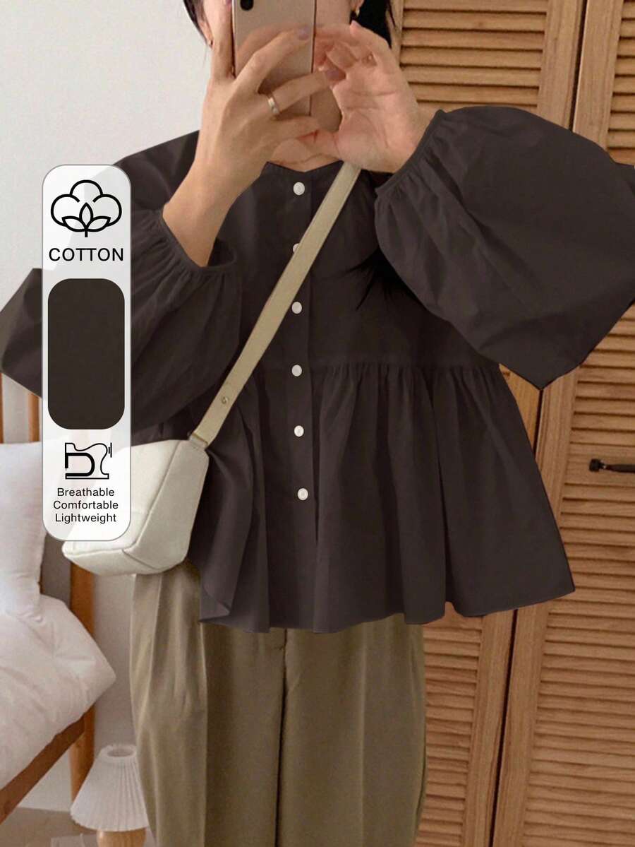 DAZY 女士休闲百褶圆领灯笼袖衬衫，秋装 - 棕色 - 查看 1