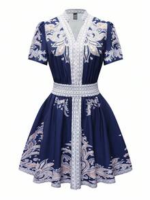 Rafferiza Váy ngắn tay bồng in họa tiết hoa phong cách Bohemian, thắt eo - Xanh đậm - Xem 3