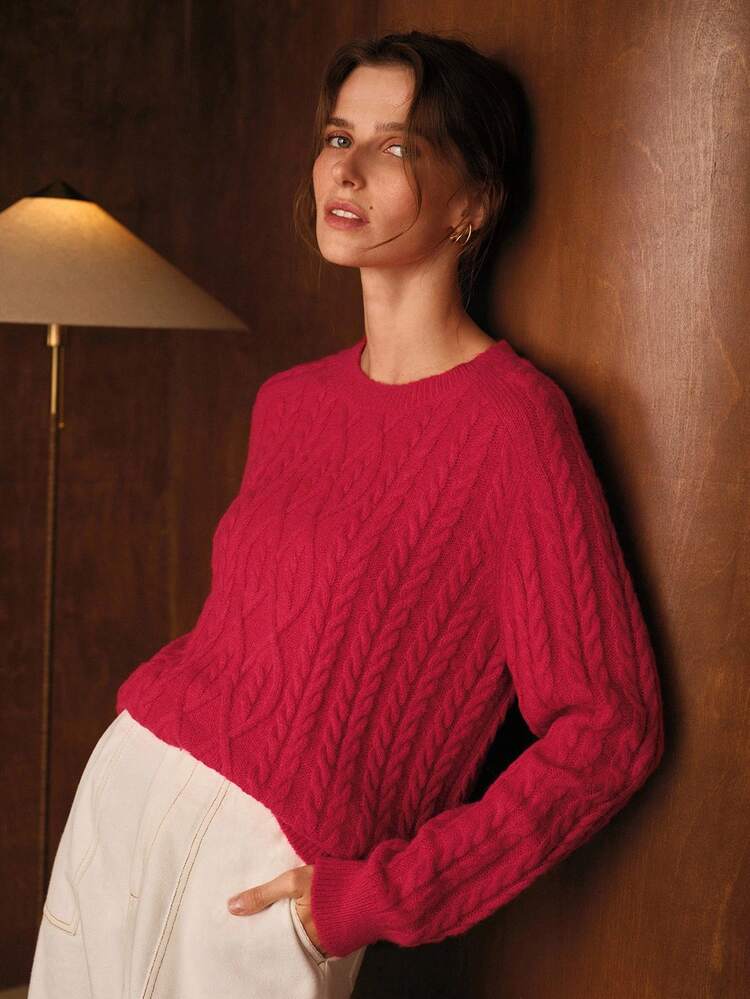 CABLE KNIT RAGLAN SLEEVE SWEATER, FALL WINTER, CHRISTMAS, RED, NEW YEAR