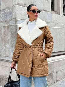 EURMUSE Women Padded Coat, The Waist-Closed Shape-Elegant Style, Contrast Colour, Rib Cuff - Camel - View 1