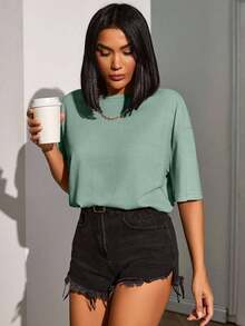 SHEIN Tall 高腰冰咖啡俱乐部图案 T 恤 – 宽松版型米色 T 恤，正面采用简约棕榈树图案设计，背面采用大胆印花 - 薄荷綠 - 查看 3