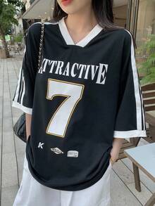 DAZY Women's Casual Contrast Stripe Letter Number Print V-Neck Short Sleeve T-Shirt Oversized T-Shirt - Black - View 3