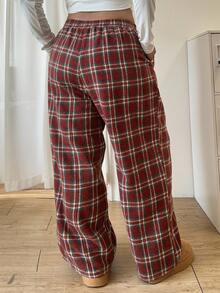 Dazy Plus Plus Size Women's Elastic Waist Drawstring Loose Straight Plaid Long Pants, Suitable For Christmas, New Year And All Seasons Fall - Red - View 2