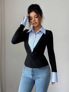 Jeanoix Elegant Patchwork Striped Waist Cinched Long Sleeve Top For Women - Black - View 5