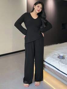 Dazy Plus 2pcs Plus Size Women Solid Color Contrast Lace Sleepwear Set, Top And Pants, Fall Clothes - Black - View 7