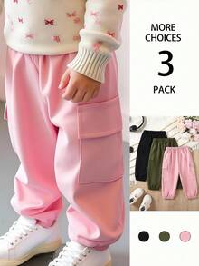 SHEIN 3pcs Baby Girl Woven Comfortable Elastic Waist Casual Pants,0-3 Years Old,Side Pockets,Pink And Black,Autumn,Graduation,Back-To-School Outdoor Fashion - Multicolor - View 1