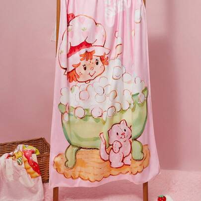 Strawberry Shortcake X SHEIN Cartoon Strawberry Figure & Cat Print Pink Bath Towel, For Home Bathroom Summer,Gift Ideas