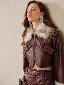 Anewsta Savoree Women's Fashionable Faux Fur Short Jacket, Suitable For Fall, Winter, New Year, Elegant, Chic, Stylish, Christmas, Going Out - Brown - View 5