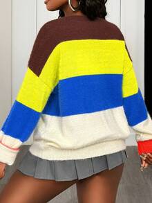 BamGleam Women's Sweaters,Knitted Long Sleeves,Loose Multi-Color Blue White Stripe,Autumn,Streetwear,School,Back-To-School,Leisure Parties,Spring And Winter - Multicolor - View 2