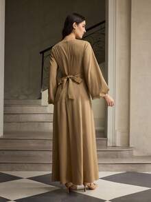 ZEYLAH Robe élégante de soirée à manches lanternes de couleur unie avec cristaux ornés - Kaki - Voir 3