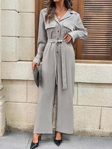 EMERY ROSE Women's Collared Tie Front Long Sleeve Jumpsuit - Light Grey - View 6