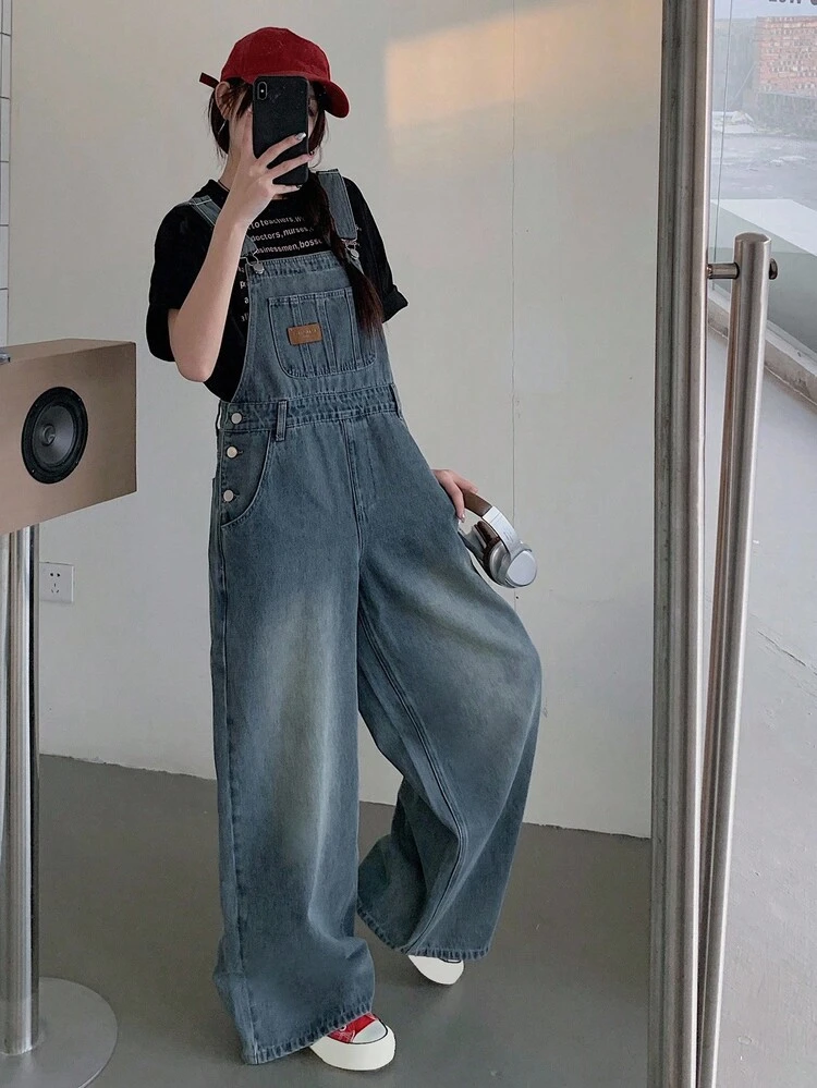 Casual Fashion Street Daily Commute School Style Loose Wide Leg Denim Jumpsuit For Teen Girls