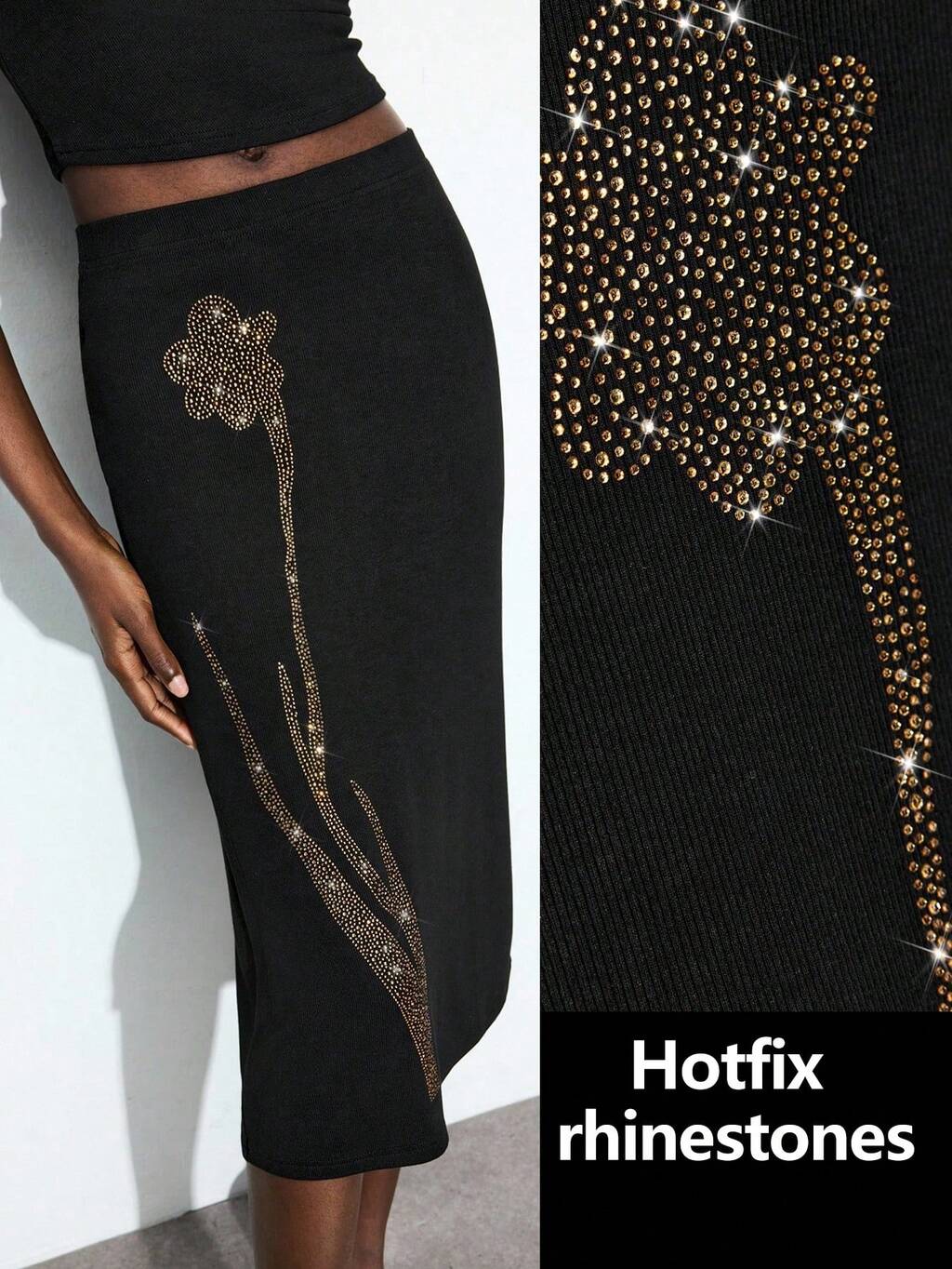 SHEIN Maija Falda larga negra con bordado floral de lentejuelas acanaladas, adecuada para fiestas a principios del otoño