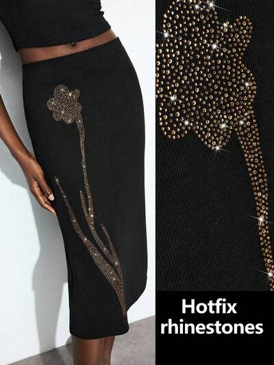 SHEIN Maija 2025 Modern City Ribbed Sequin Floral Embroidered Black Maxi Skirt, Suitable For Early Autumn Party Rhinestone Skirt Beaded Skirt Long Black Skirt Midi Skirt Black Midi Skirt,Autumn, Fall Clothes For Women, Autumn Outfits For Women, Winter Clothes, Halloween, Party,