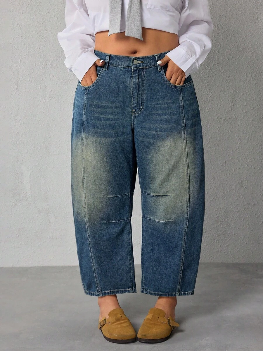 EMERY ROSE Plus Size Women Blue Loose Casual Jeans With Pockets And Belt Loops - Dusty Blue - View 1