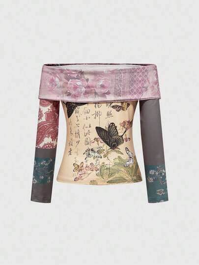 ROMWE Avant T-shirt femme à épaules dénudées avec motif floral et papillon de style chinois vintage et blocs de couleur