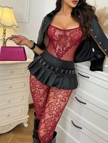 SHEIN Body sexy para mujer, diseño de malla transparente burdeos sin entrepierna - Burdeos - Ver 5