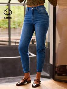 lacRébo 高腰深蓝色修身紧身牛仔裤秋季女装秋冬 - 深色水洗藍 - 查看 1