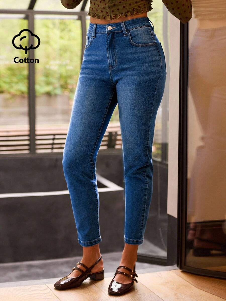 lacRébo 高腰深蓝色修身紧身牛仔裤秋季女装秋冬 - 深色水洗藍 - 查看 1