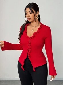 Elenzga Cardigan in maglia con scollo a V profondo, maniche a sbuffo, elegante e casual, arricciato, per donna, colore rosso, taglia oversize, adatto per l'inverno - Rosso - Visualizzare 2