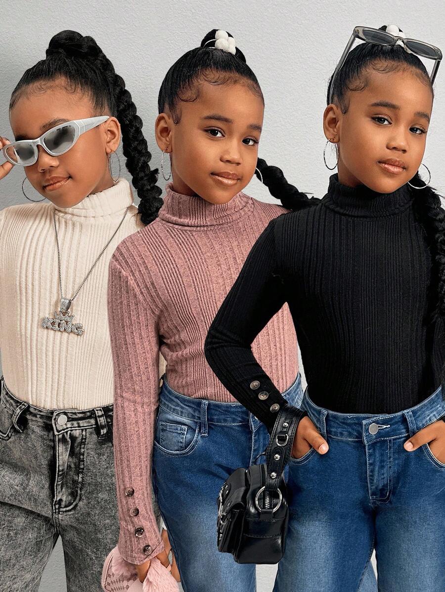 SHEIN SLAYR Tween Girl Tween Girls Brand Promotion - High Neck Ribbed Long Sleeve Knit Top With Buttons 3 Pice Fall Winter - Multicolor - View 1