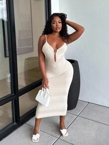 Alexandranx Summer Beige Round Metal Buckle Elegant Modern Women Knitted Dress, Suitable For Holiday, Festival, Business Casual, Beach Wedding, Valentine's Day Party, Vintage, 90s, Boho Style - Apricot - View 1