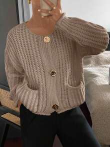 Siren Gaze Women Plain Color Drop Shoulder Long Sleeve Single-Breasted Cardigan,Knitted Sweater In Fall/Winter Brown