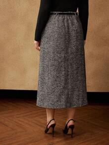 MOTF PREMIUM 加大人字纹开衩下摆束带半身裙 - 灰色 - 查看 3