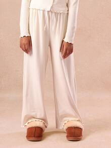 SUMWON Girls Cozy Ribbed Knit Co-Ord Set With Long Sleeve Button Up Cardigan And Wide Leg Pants Winter Holiday Wear Two Piece Outfit Fall - Beige - View 4