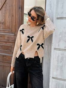 Chiquease Women's Contrast Color Bow Decor Round Neck Slit Sweater - Multicolor - View 6