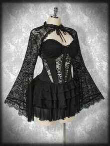 SHEIN ICON Váy ngắn xếp tầng ren corset cỡ lớn màu đen, áo ren tay loe thắt nơ phía trước, bộ đồ hai mảnh phong cách cổ điển Y2K, trang phục Halloween - màu đen - Xem 3