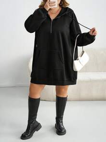 SHEIN CURVE+ Plus Size Casual Women's Zipper Hat Long Sleeved Pocket Sweatshirt Dress Autumn Winter - Black - View 5