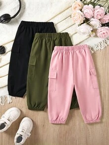 SHEIN 3pcs Baby Girl Woven Comfortable Elastic Waist Casual Pants,0-3 Years Old,Side Pockets,Pink And Black,Autumn,Graduation,Back-To-School Outdoor Fashion - Multicolor - View 2