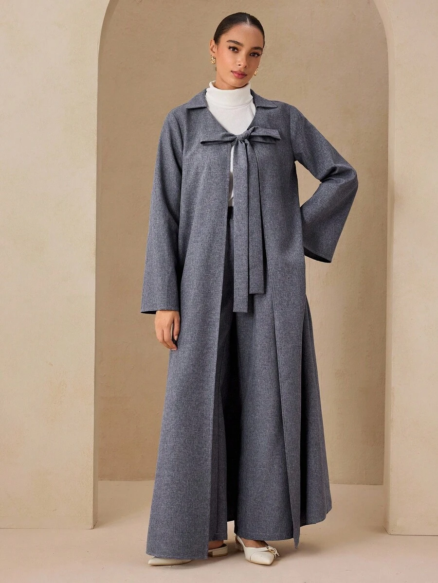 Graceveil 女式宽松双色梭织面料超长喇叭袖开衫，前系蝴蝶结设计和宽松腰部裤子套装 - 淺灰紫 - 查看 1