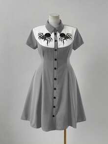 Sunspun Punk Chic Fashion Collared Casual Versatile Contrast Color Spider Print Waist Fit A-Line Dress - Grey - View 3