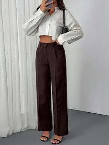 EURMUSE Pantalones con cinturón clásico, diseño de cintura alta, frente plisado, atuendo de negocios, corte de pierna recta, uso profesional, ajuste a medida, moda de oficina, pantalones formales, estilo casual elegante, líneas limpias, estilo tradicional, prenda esencial para el guardarropa laboral, tela de calidad, apariencia sofisticada, ropa corporativa, silueta moderna - Marrón - Ver 5