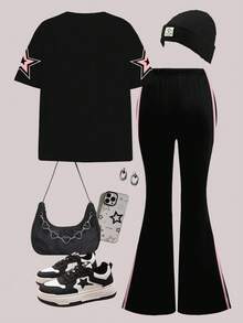 SHEIN 2 件套青少年女孩休闲宽松圆领短袖 T 恤和喇叭裤，饰有独特的 88 号球衣号码图案，黑色和粉色，适合秋季服装、休闲装、儿童图案服装、秋季服装、时尚秋季、返校 - 彩色 - 查看 2
