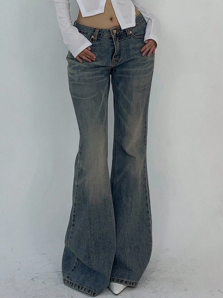 Women's Solid Color Casual Denim Flared Pants With Pockets Low Rise Jeans