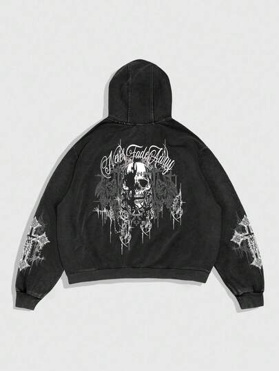 Goth Sudadera con capucha y cremallera de manga larga con patrón de calavera y copos de nieve