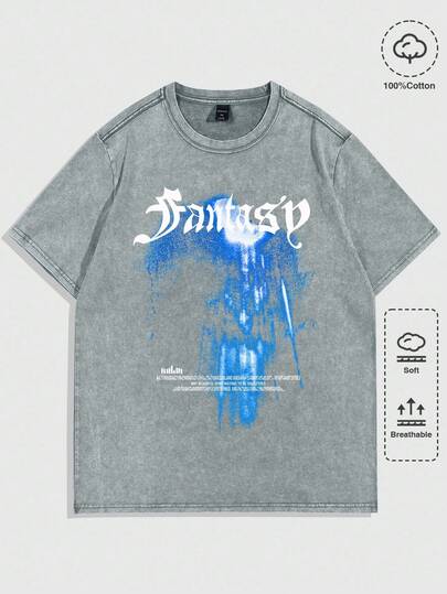 Street Life Men's Casual Acid-Washed Slogan Print T-Shirt, Summer, 2000s Style