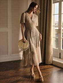 MOTF PREMIUM ASYMMETRICAL HEM WAIST TIE SHIRRED MIDI DRESS - Apricot - View 1