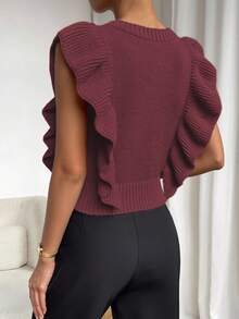 SHEIN LUNE Women's Solid Color Round Neck Cable Ruffle Hem Sleeveless Sweater Vest - Maroon - View 2