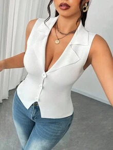 Elenzga Women's Autumn Contrast Collar Simple Fashionable Deep V-Neck Solid Color Sleeveless Buttoned Slit Hem Fitted Cardigan Sweater Vest, Plus Size - White - View 6