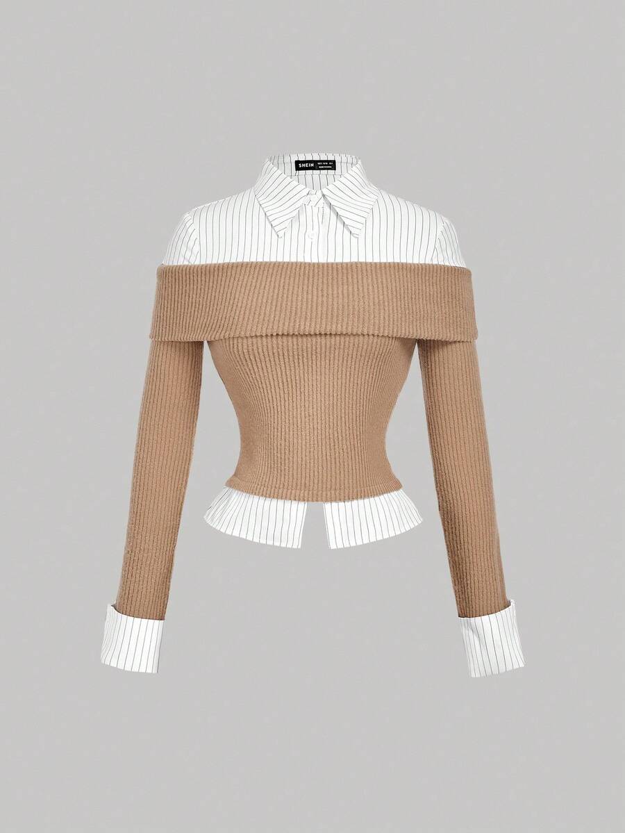 SHEIN MOD 卡其色针织拼接条纹衬衫二合一上衣,返校季 - 卡其色 - 查看 1