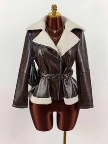 Amplova Women's Casual Fashion Street Chic Teddy Thermal Lined Lapel Zip-Up Belted PU Leather Jacket, Faux Fur Coat, Autumn/Winter