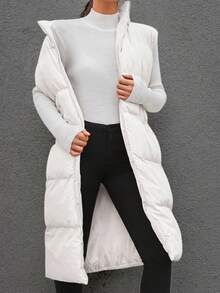 EURMUSE Solid Zip Up Hooded Puffer Vest Coat - White - View 5