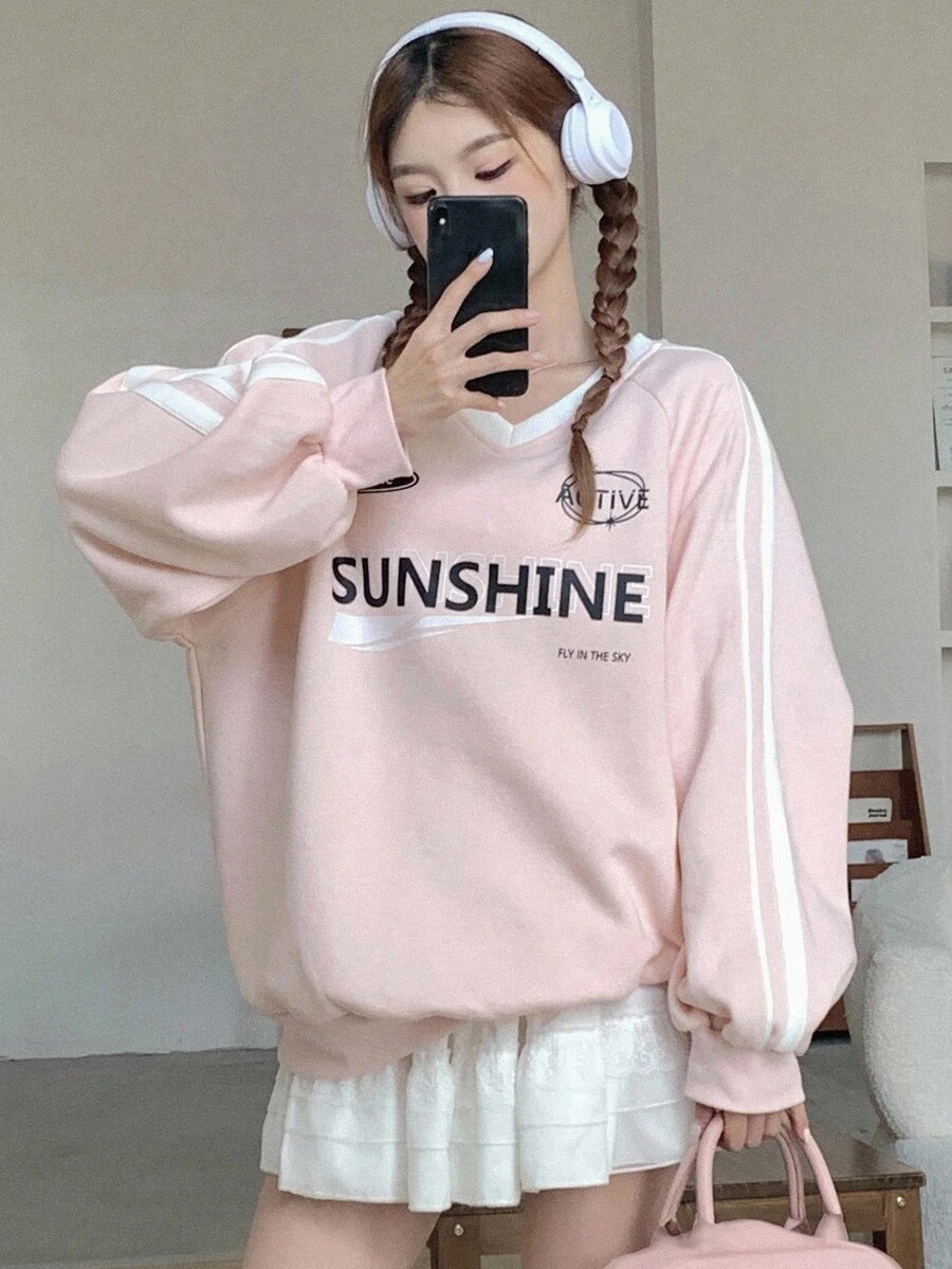 DAZY 女士V领宽松印花撞色保暖加厚卫衣,秋冬款 - 粉色 - 查看 1
