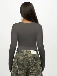 SUMWON WOMEN 长袖短款上衣熊猫图案甜心领口弹力修身休闲春秋冬家居服时尚 - 灰色 - 查看 2