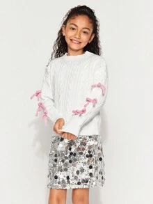 Radiana Tween Girl Knitted Textured Colorblock Bow Crew Neck Casual Pullover Sweater, Comfortable & Cute, Suitable For Everyday Wear - White - View 5